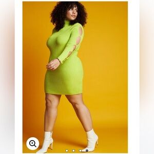 Bright Neon Green ELOQUII long sleeve cutout detail mini sweater dress